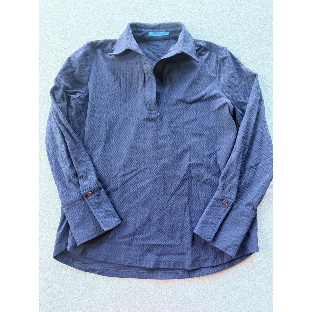 J.McLaughlin Navy Blue Textured Jacquard Long Sleeve Polo Top Size Large